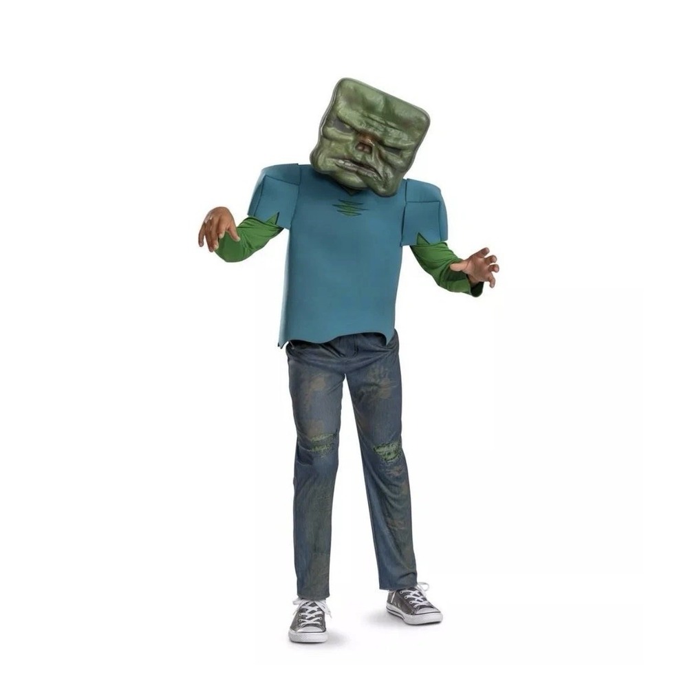 Minecraft Movie ZOMBIE‎ Jumpsuit Costume Size L 10-12 Mask Glows NIP Unisex